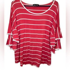 Cable & Gauge Women’s Striped Ruffle Sleeve Top-Size Extra Large-XL Coral/White